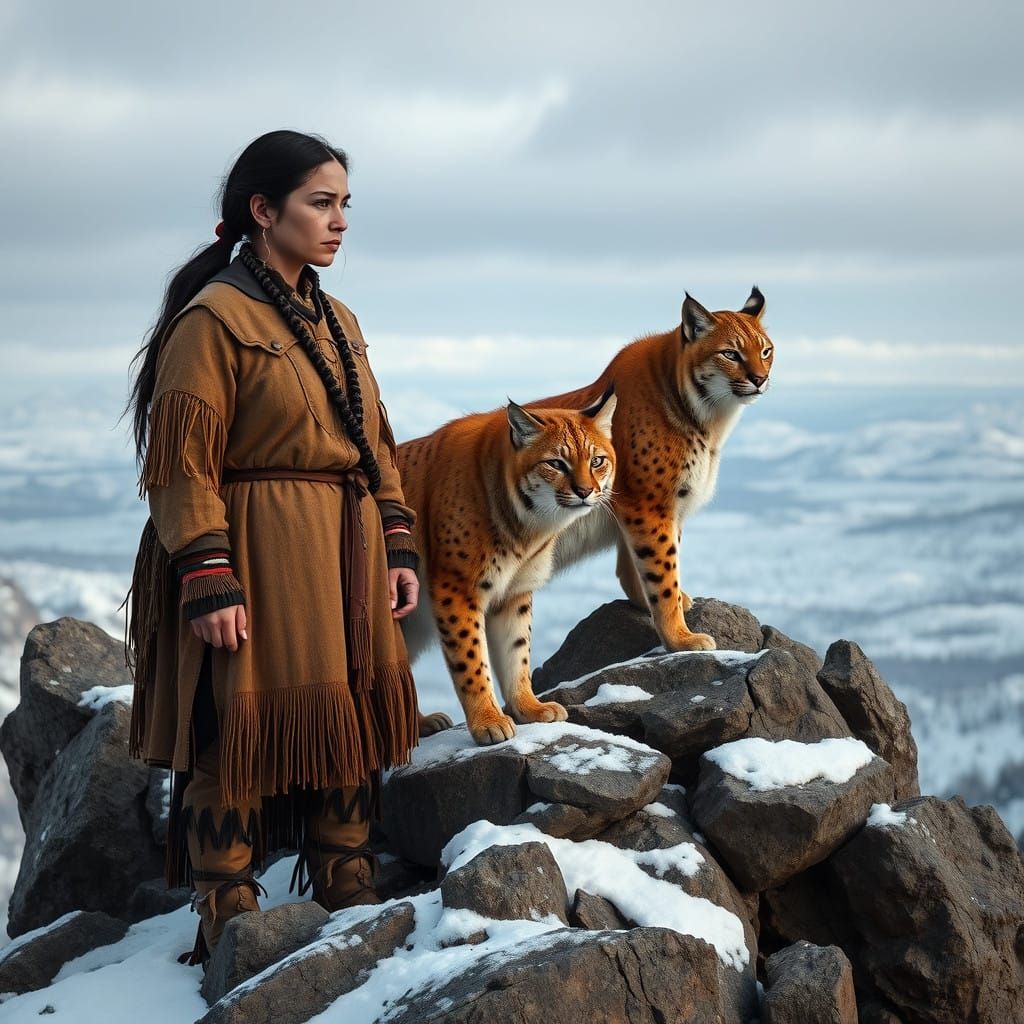 Apache Warrior Protected by Majestic Bobcat in Snowy Wildern...