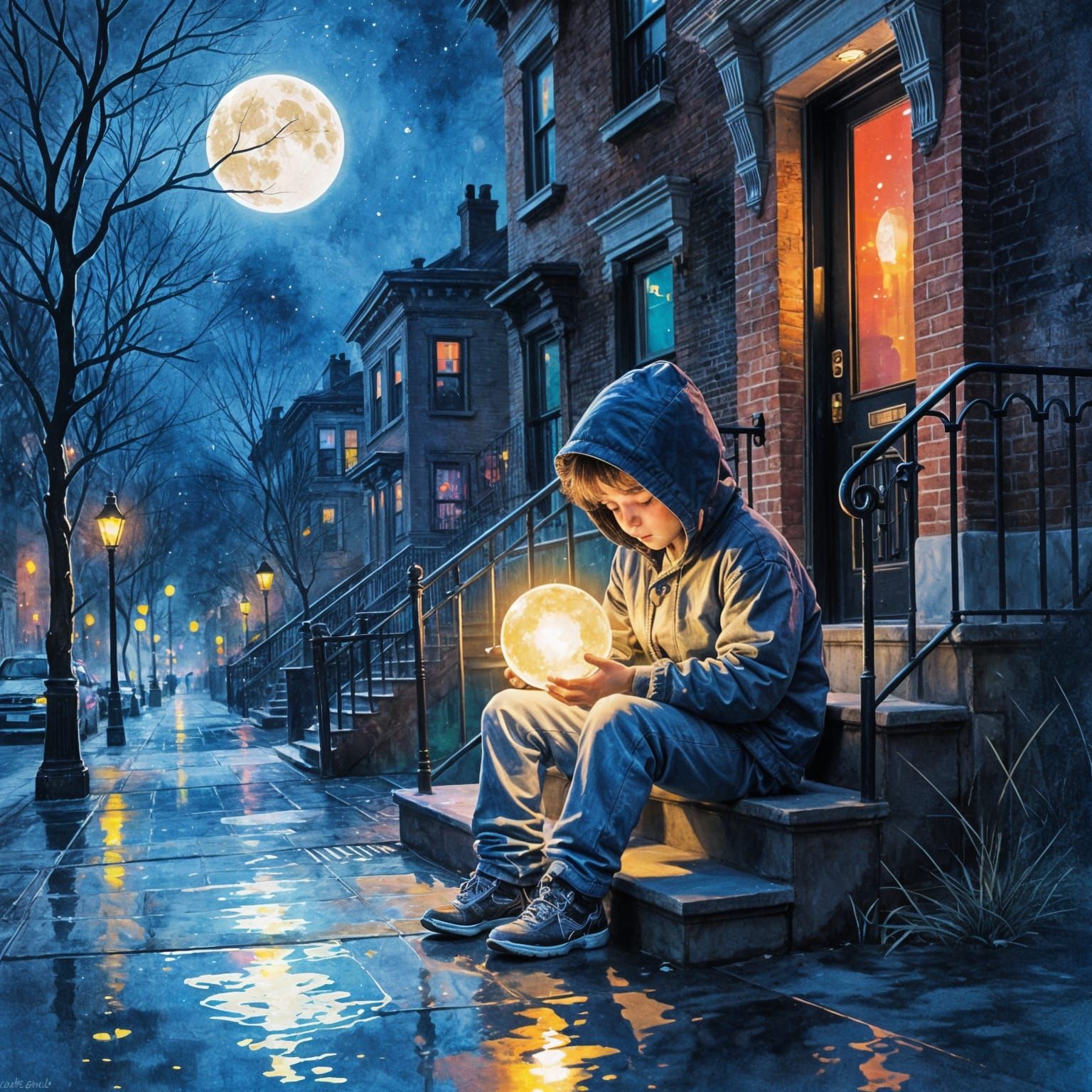 Child with Glowing Orb in Urban Watercolor