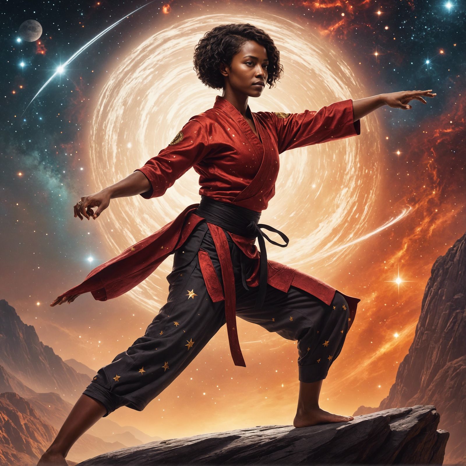 Martial Arts Woman Under Galaxy Sky