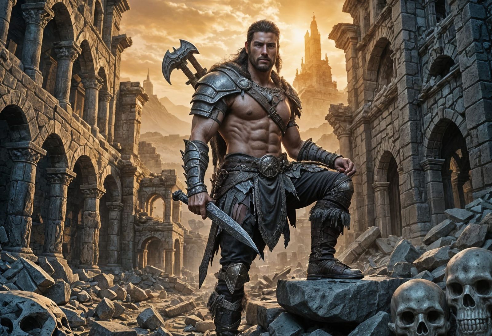Barbarian Scavenger in Ancient Ruins: Hyperrealistic Concept...