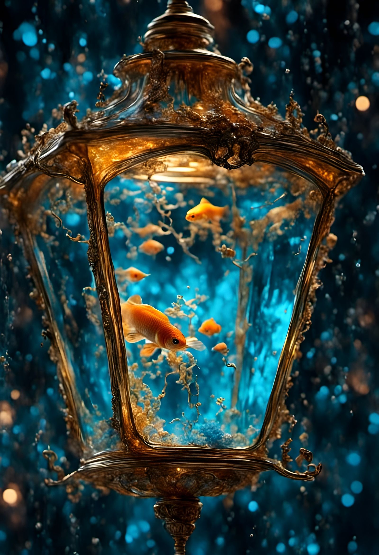 Fish Swims in Aquarium Streetlight at Twilight