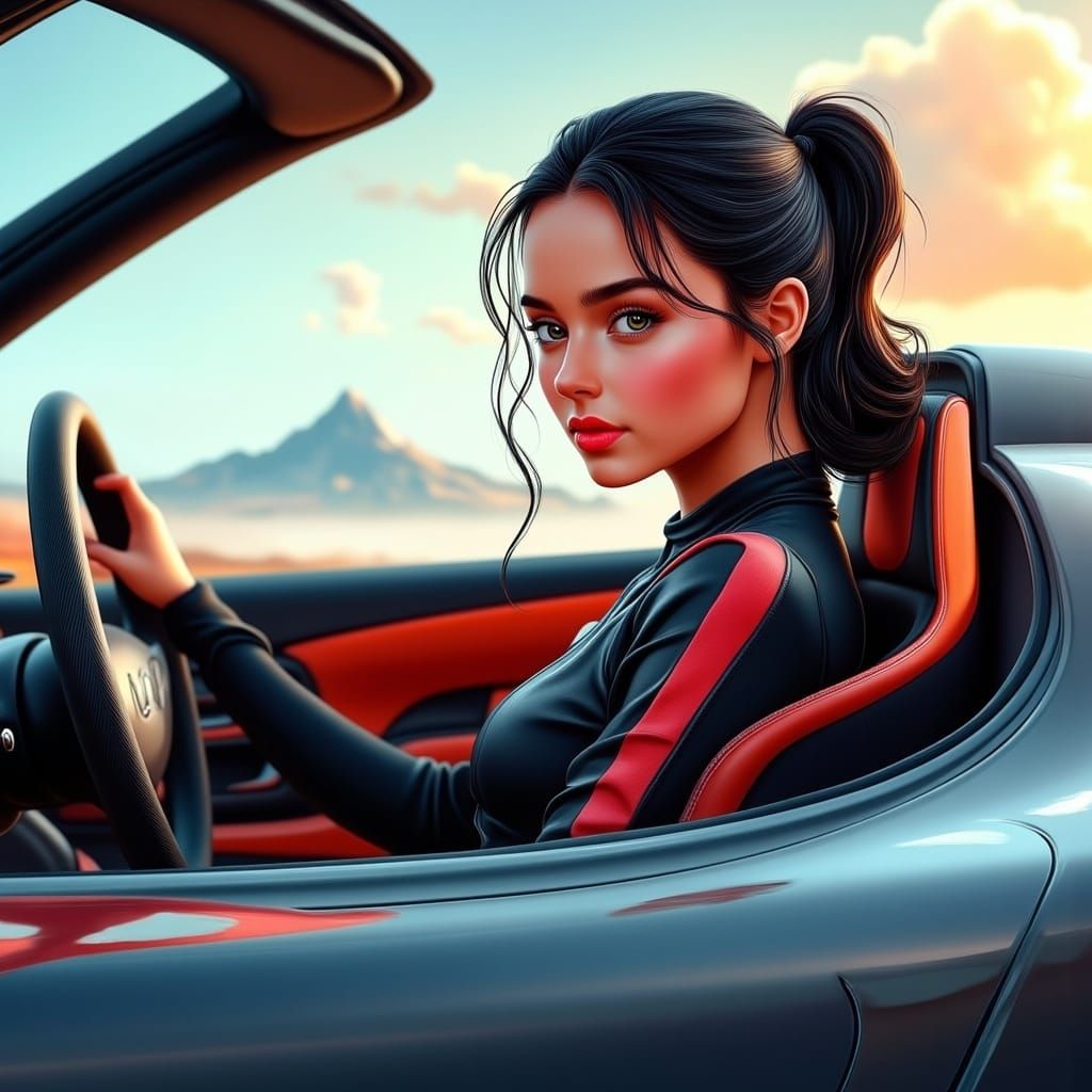 Woman Drives Supercar with Neon Accents in 3D