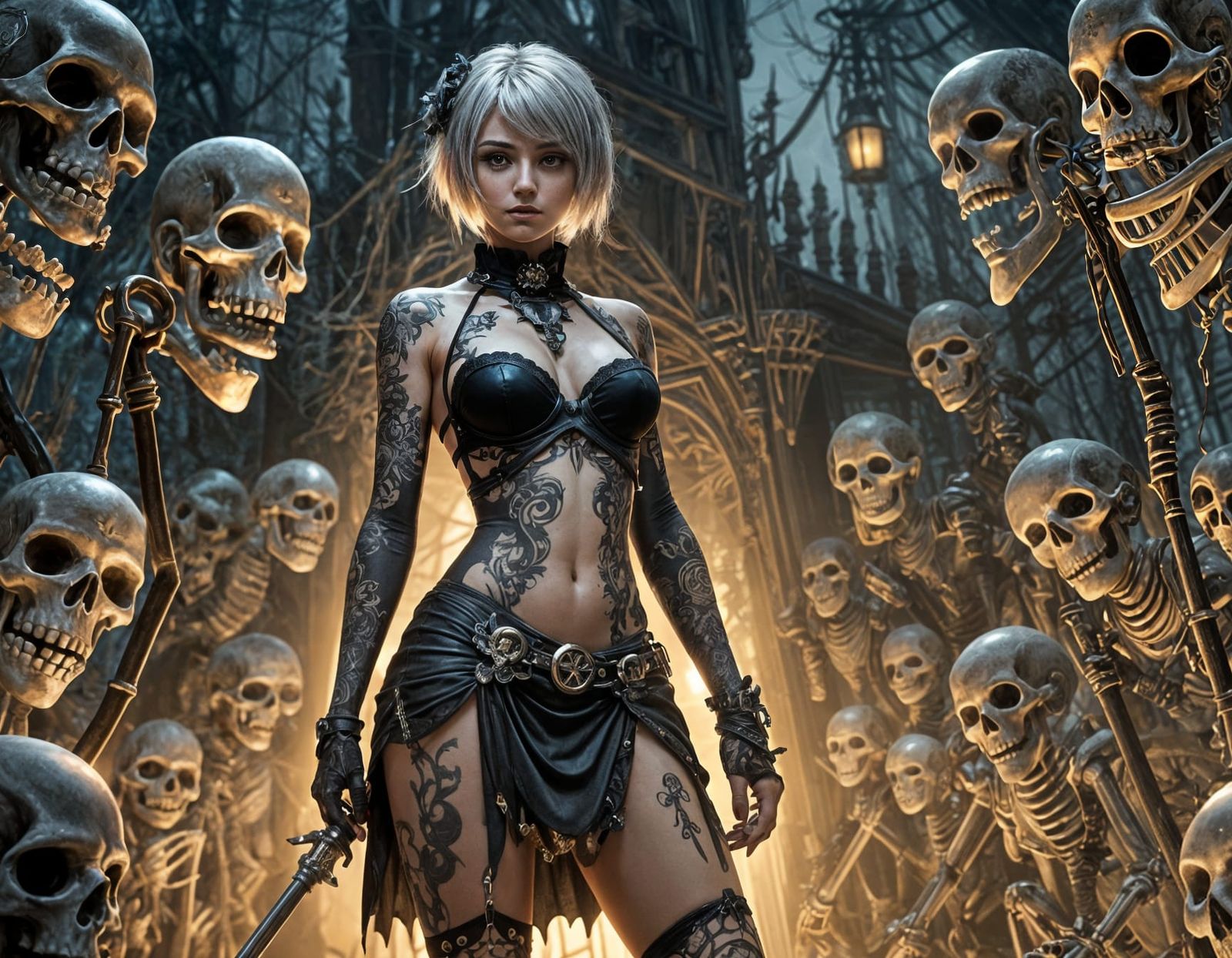 Tattooed Woman with Skeletons: Detailed Digital Art