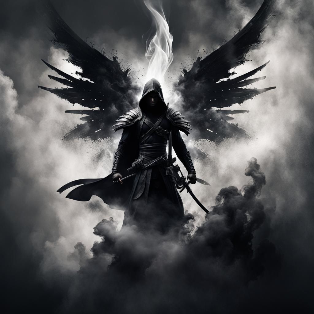 Monochrome Fairy Ninja with Smoke Wings in Dark Fantasy
