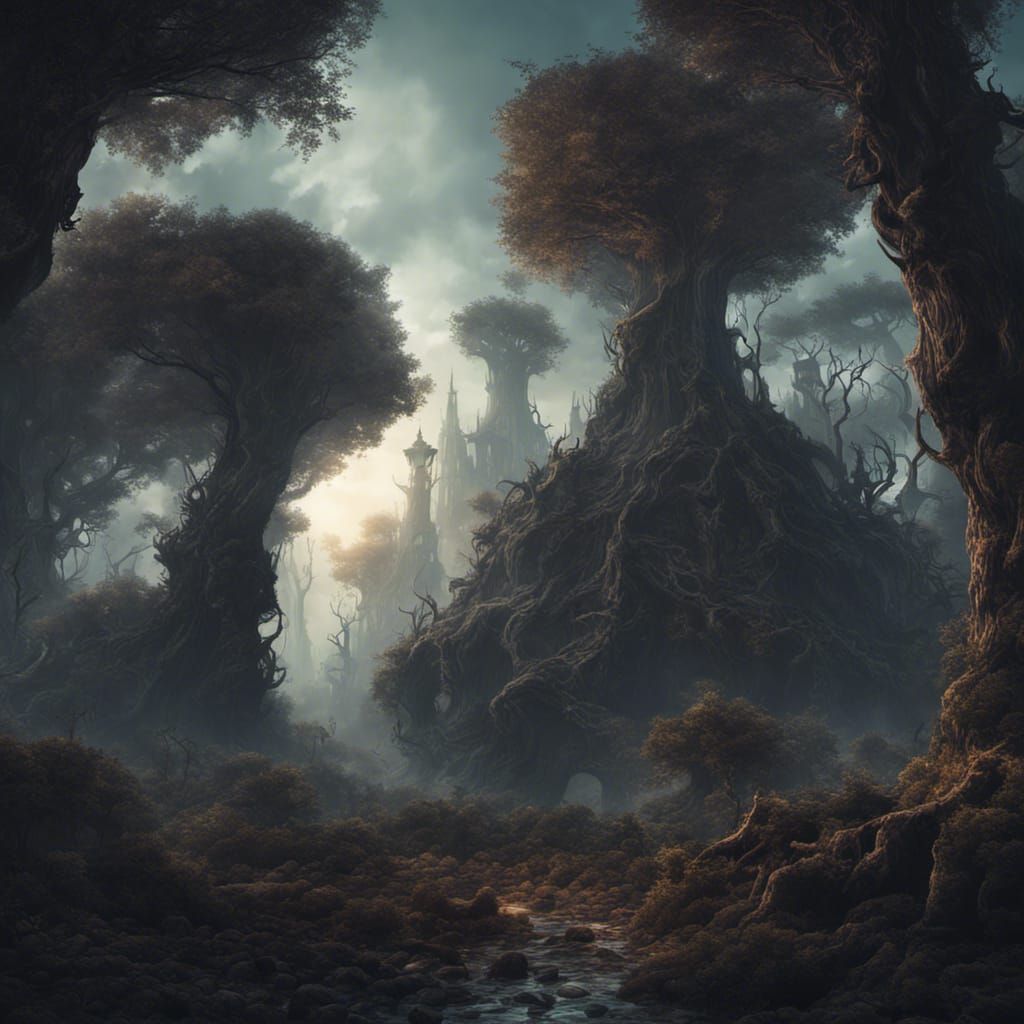 Dark Fantasy Forest City: Detailed Matte Painting