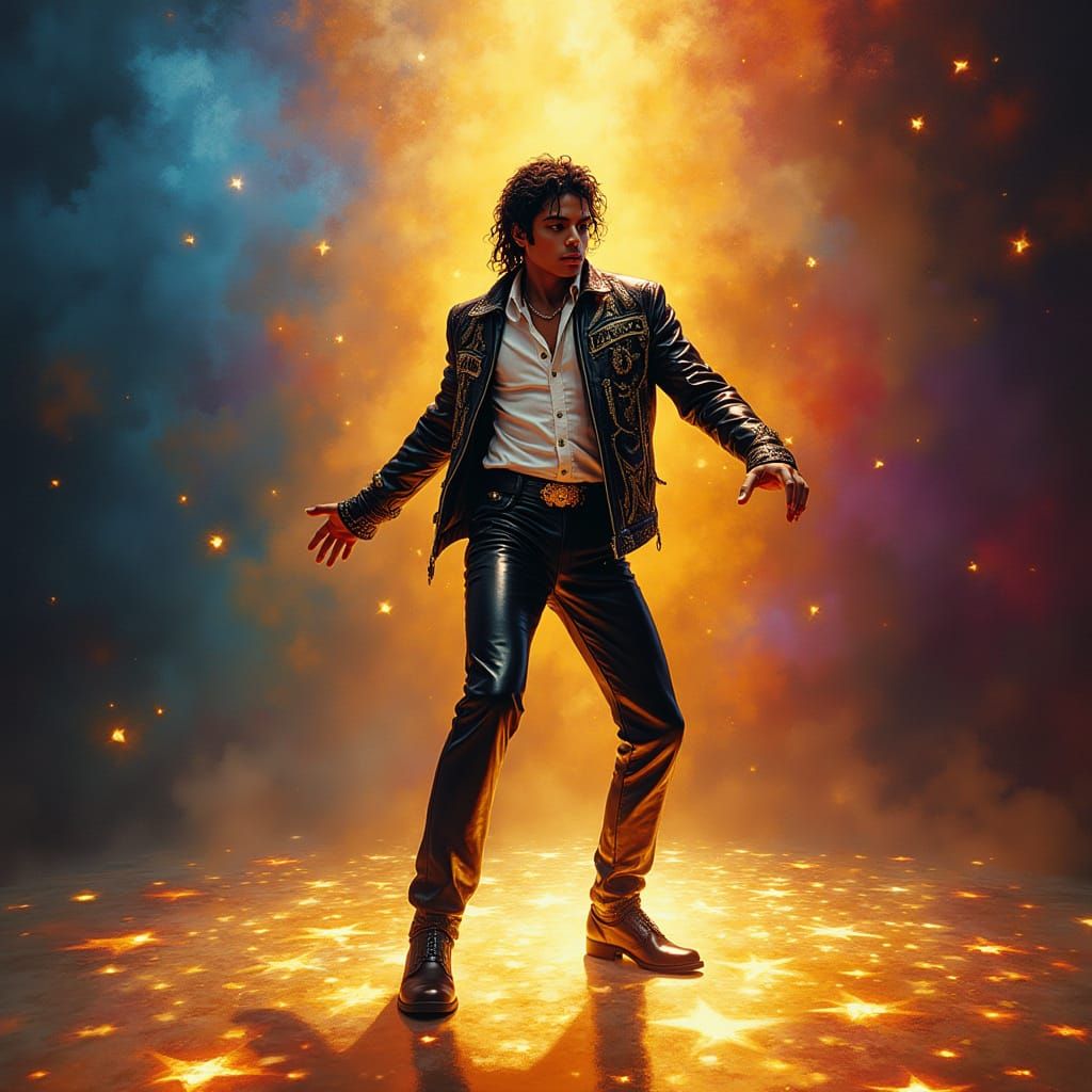 Hyperrealistic Oil Painting of Michael Jackson in Gold Stage