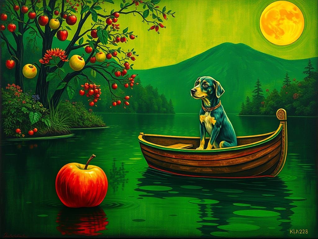 Stylised Painting of a Joyful Apple in a Vibrant Green Lands...