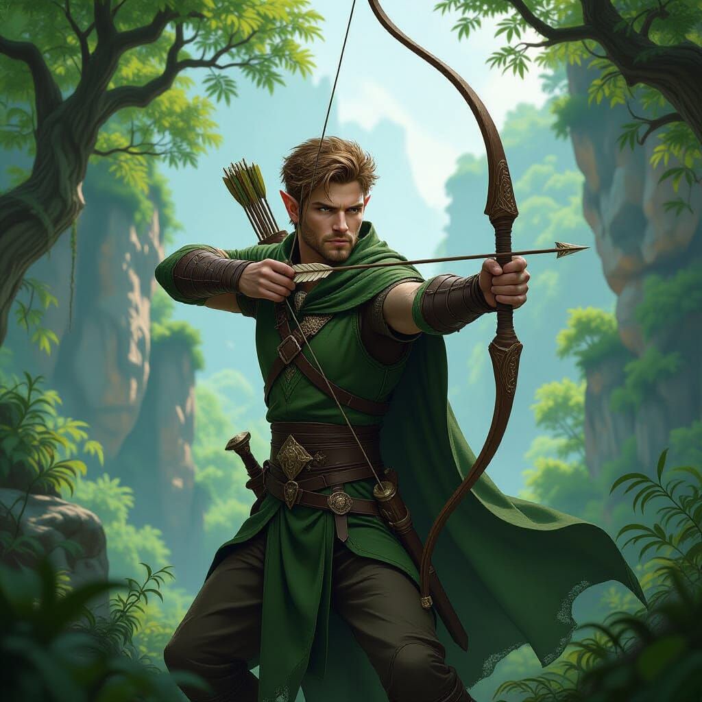 Elven Ranger in Lush Forest, Matte Painting Style