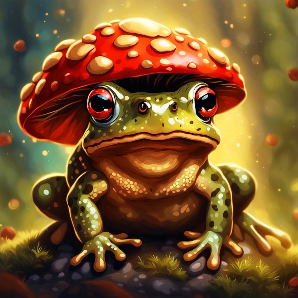 Olive Toad with Glowing Mushroom, Miyazaki-Inspired Art