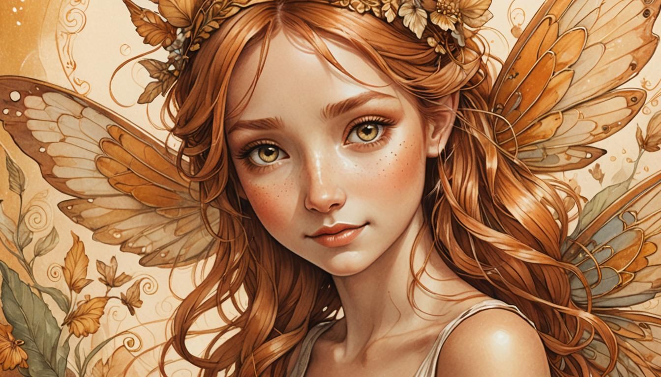 Copper Fairy Portrait with Delicate Gold Wings