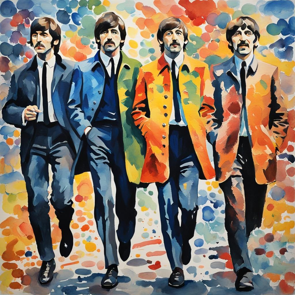 The Beatles in Gouache Watercolor Style