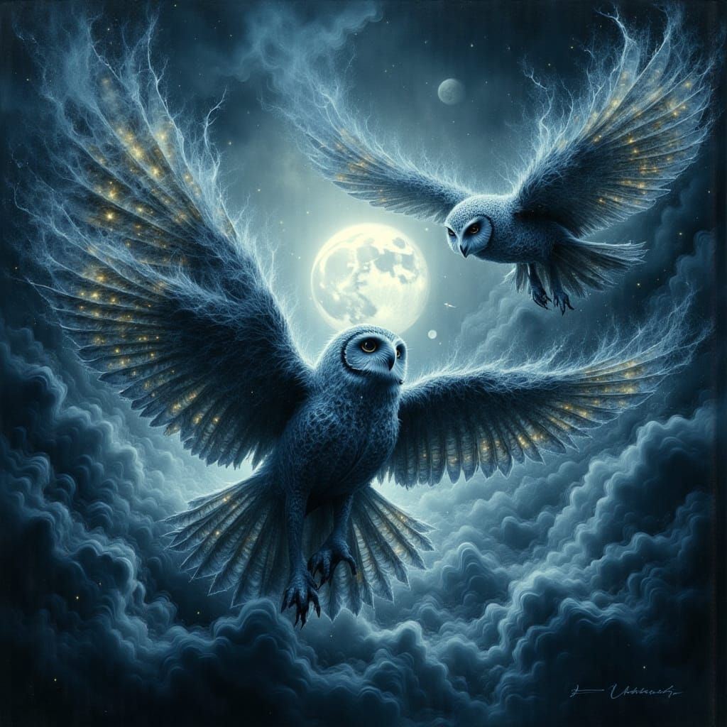Owls in Smoky Night Sky: Mystical Realism