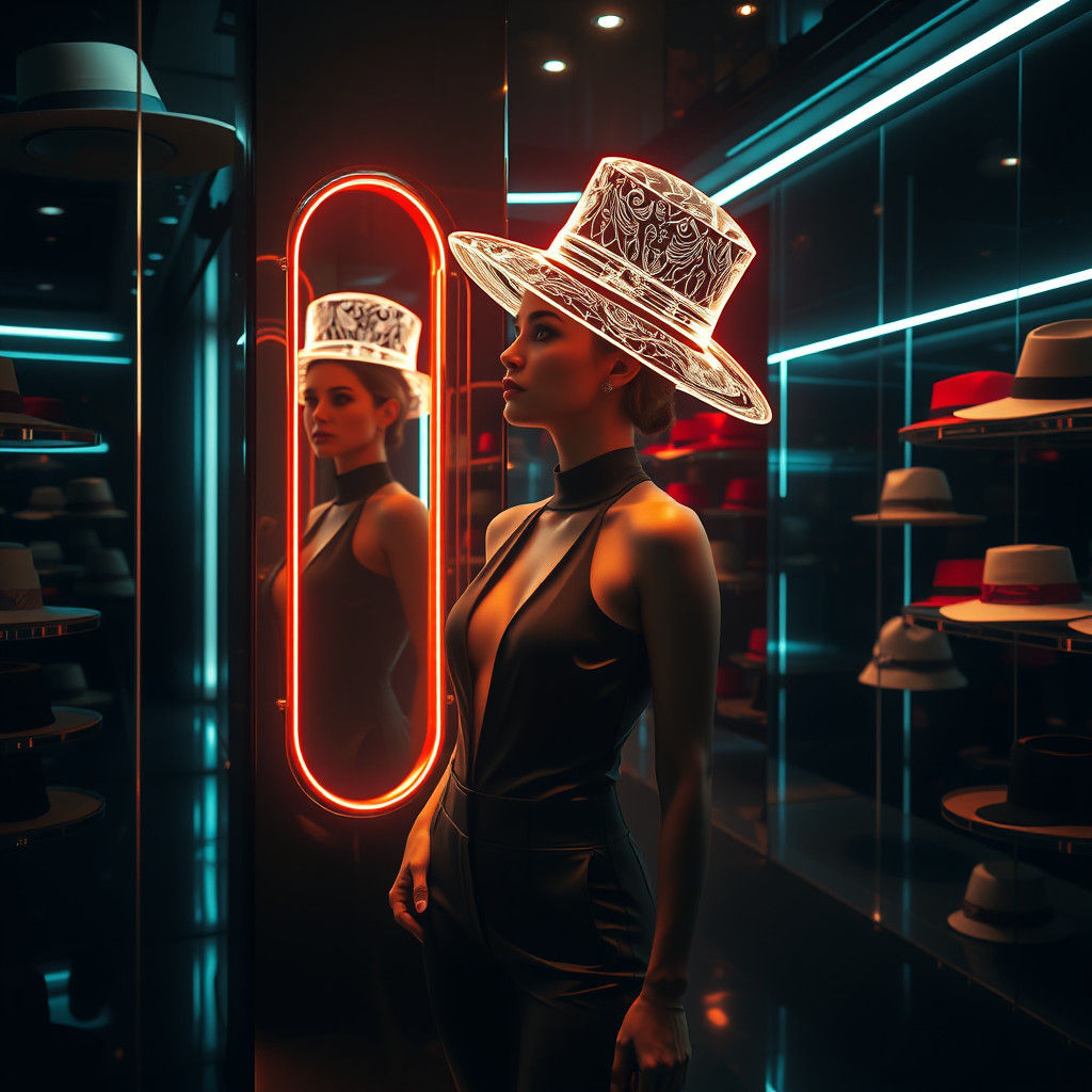 Futuristic Hat Shop with Holographic Display in Hyperrealism