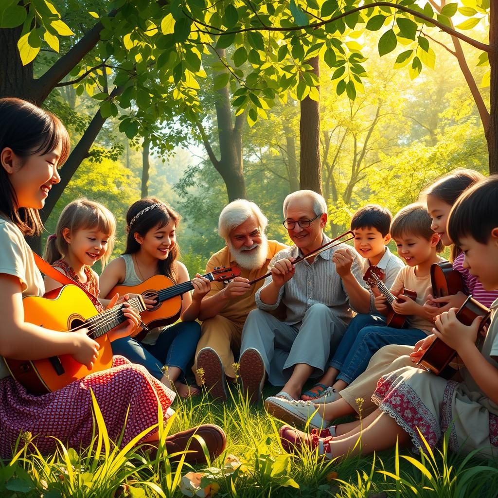 Families United by Music in Forest Clearing