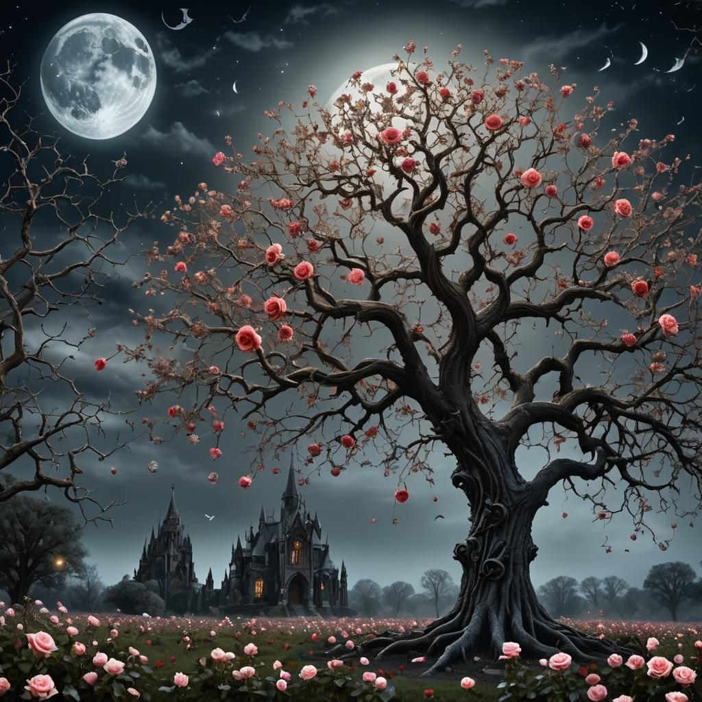 Gothic Tree with Crystals, Roses, and Fairies