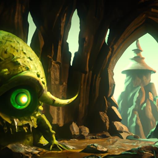 Green Monster Ponders in Fantasy Cave, Matte Painting