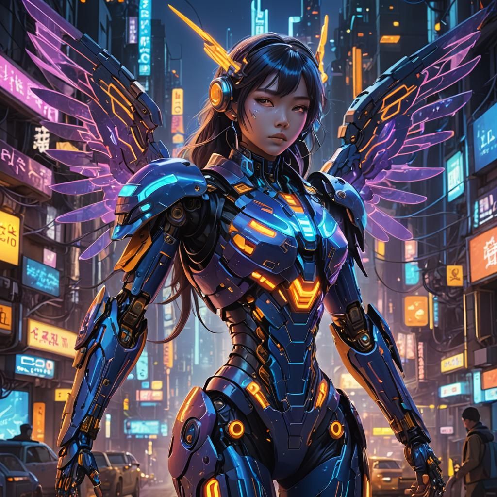 Futuristic Anime Cyborg Girl in Neon Metropolis