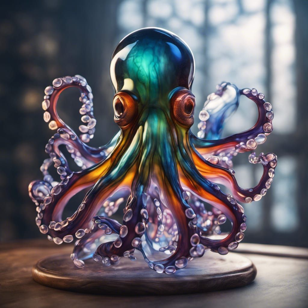 Colorful Blown Glass Octopus on Stained Glass