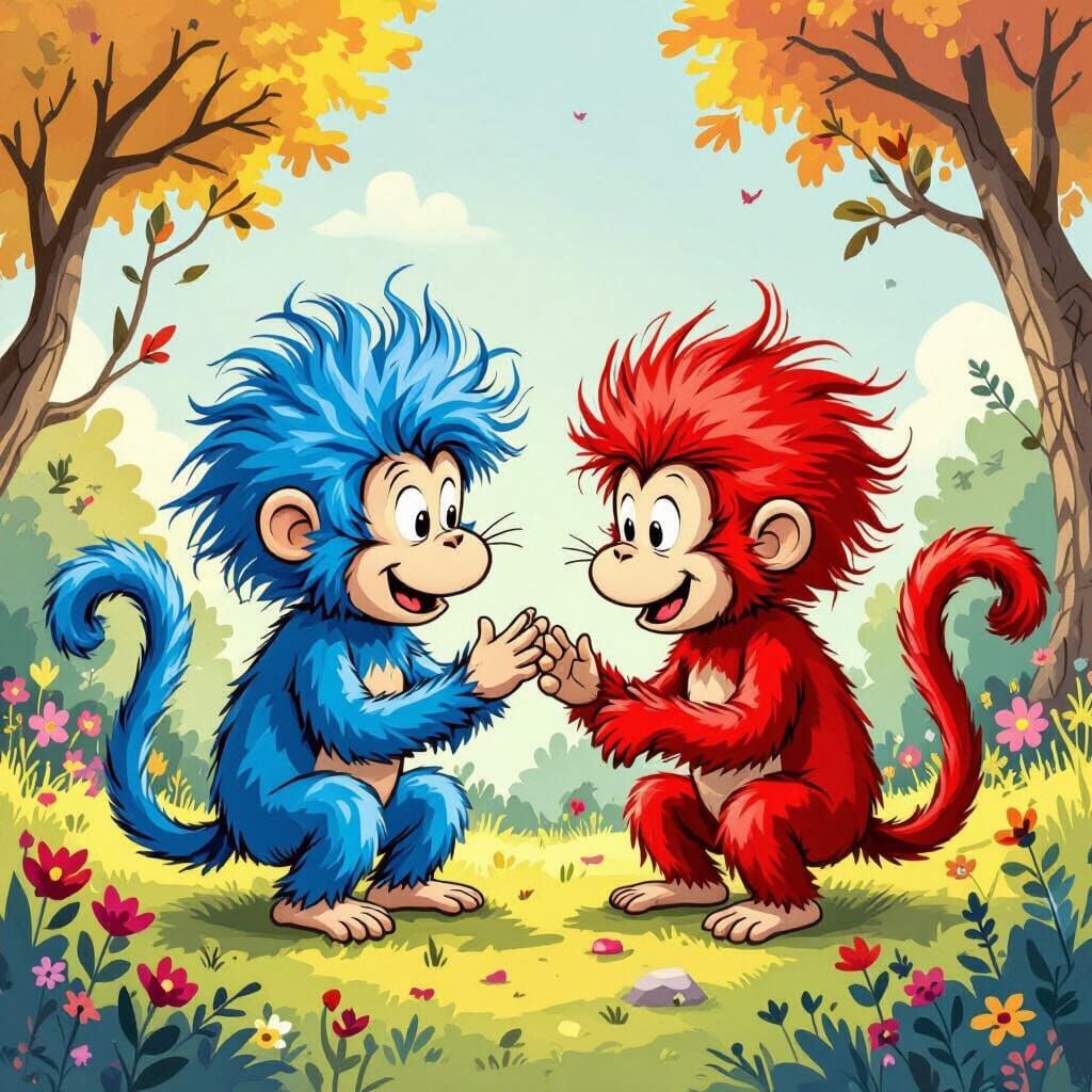 Mischievous Monkeys in Dr. Seuss Style Illustration