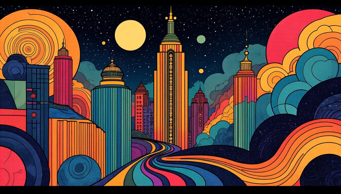 Art Deco Surrealist Ink Drawing of City Night Life