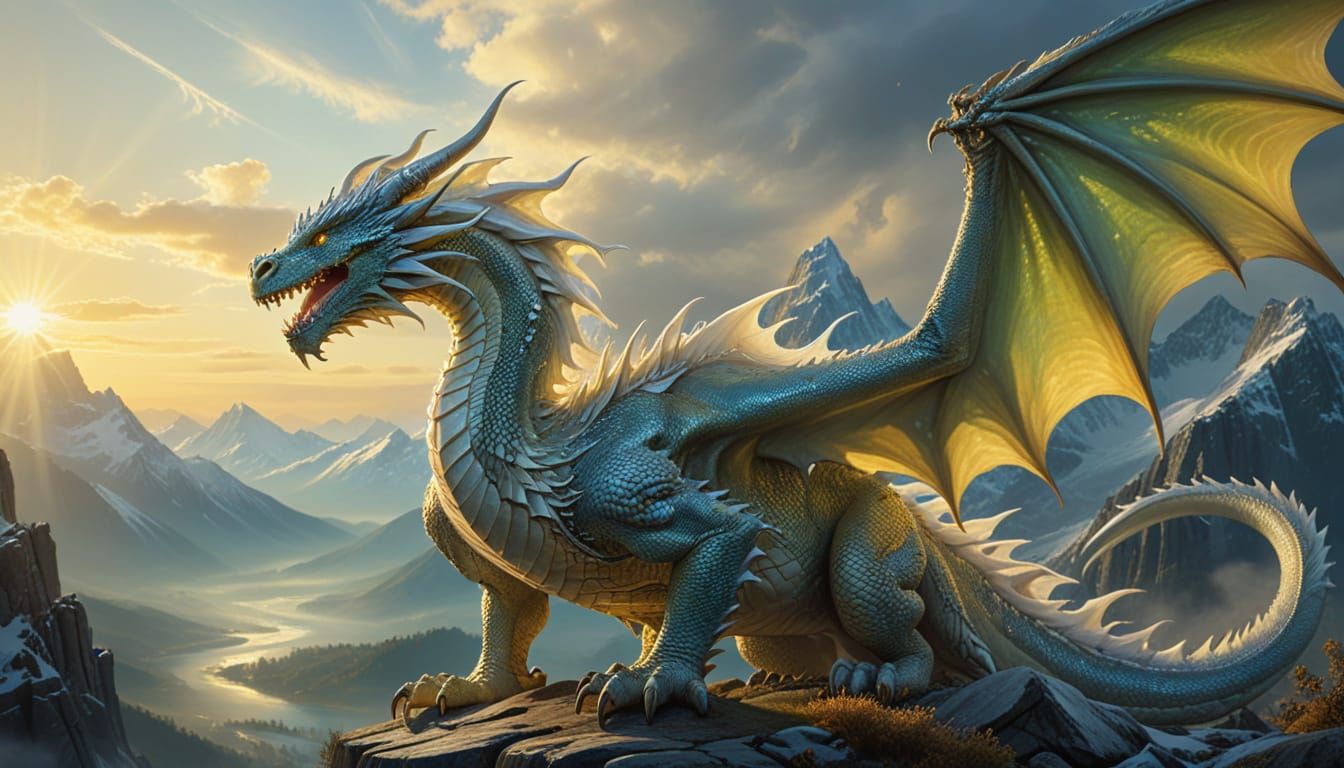 Majestic White Dragon and Beautiful Woman in a Masterpiece O...