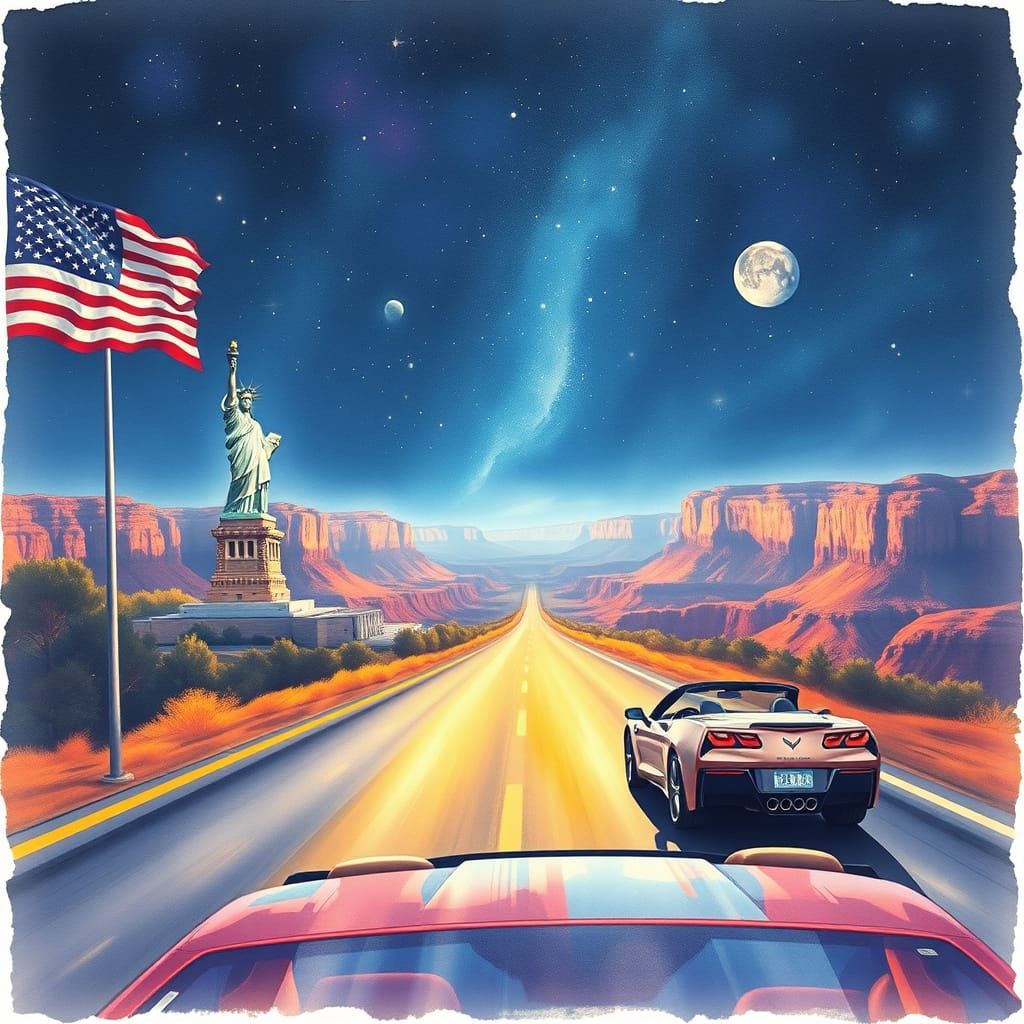 Surreal American Icons Unite Under Starry Skies