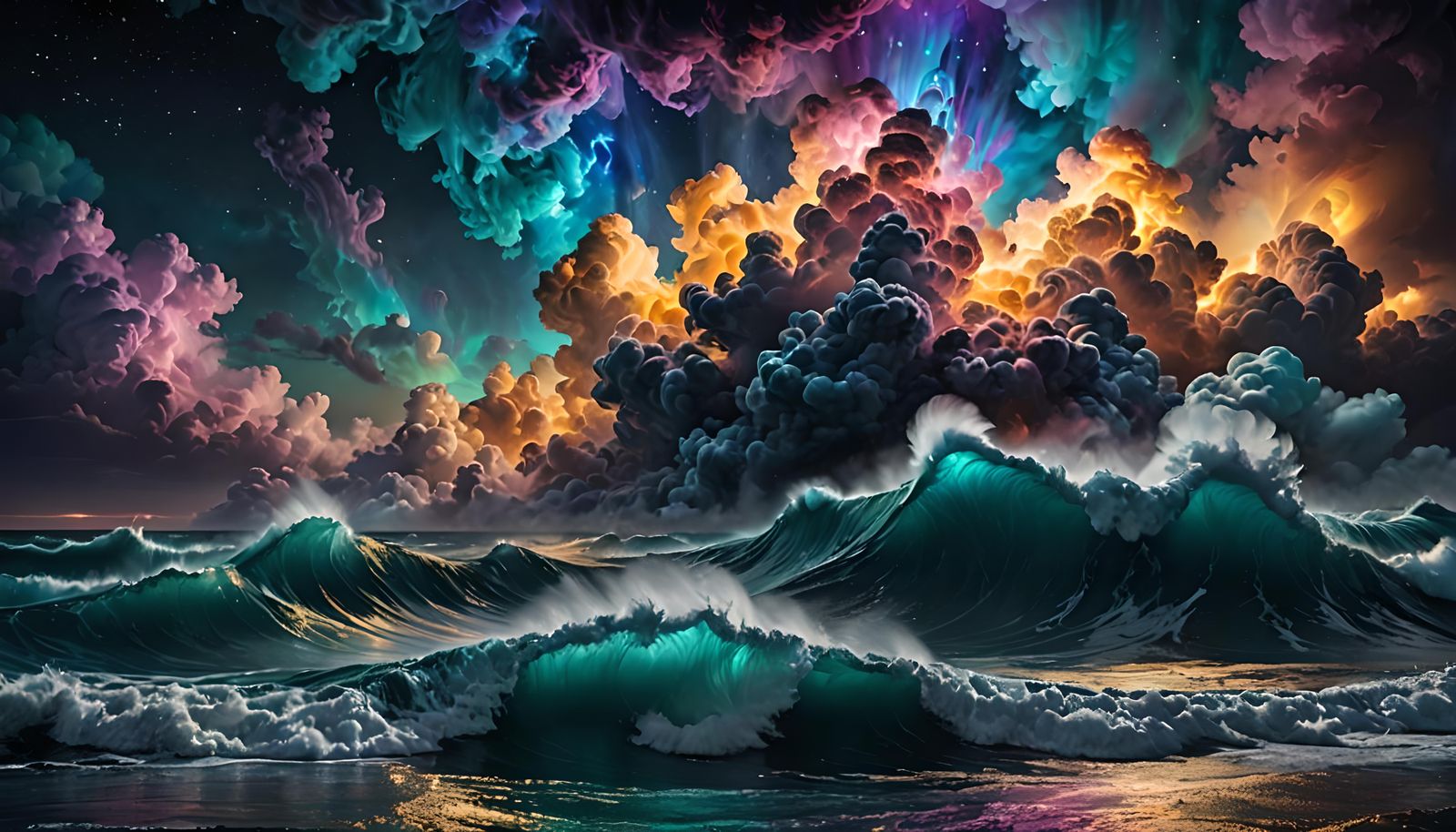 Iridescent Neon Storm at Sea in Expressionist Style