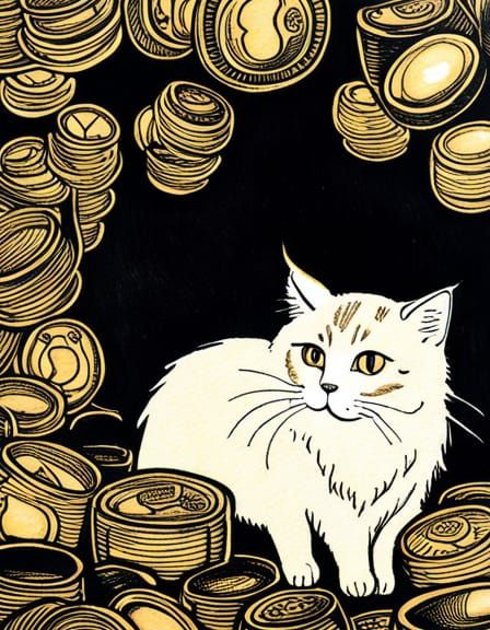 Fluffy Cat in Coin Castle: Woodblock Print Illustration