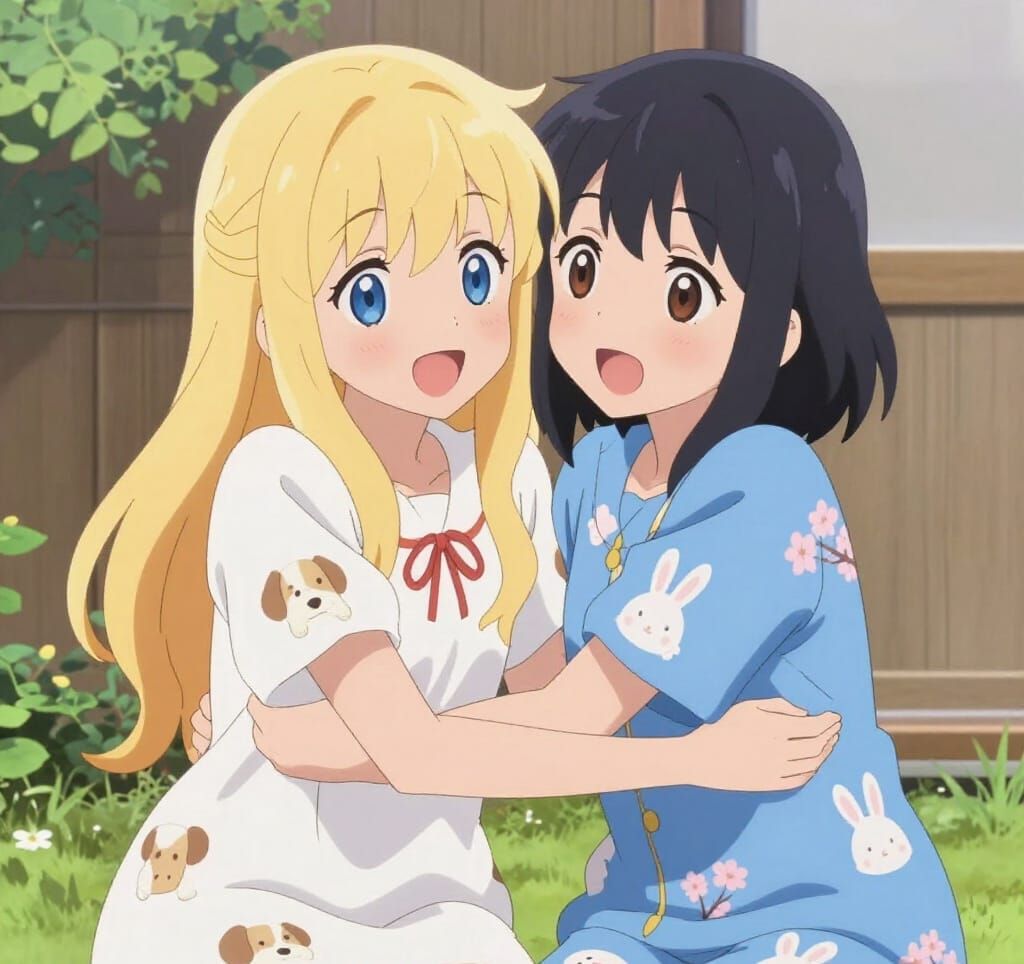 Two Anime Friends Hugging with Adorable Animal Prints