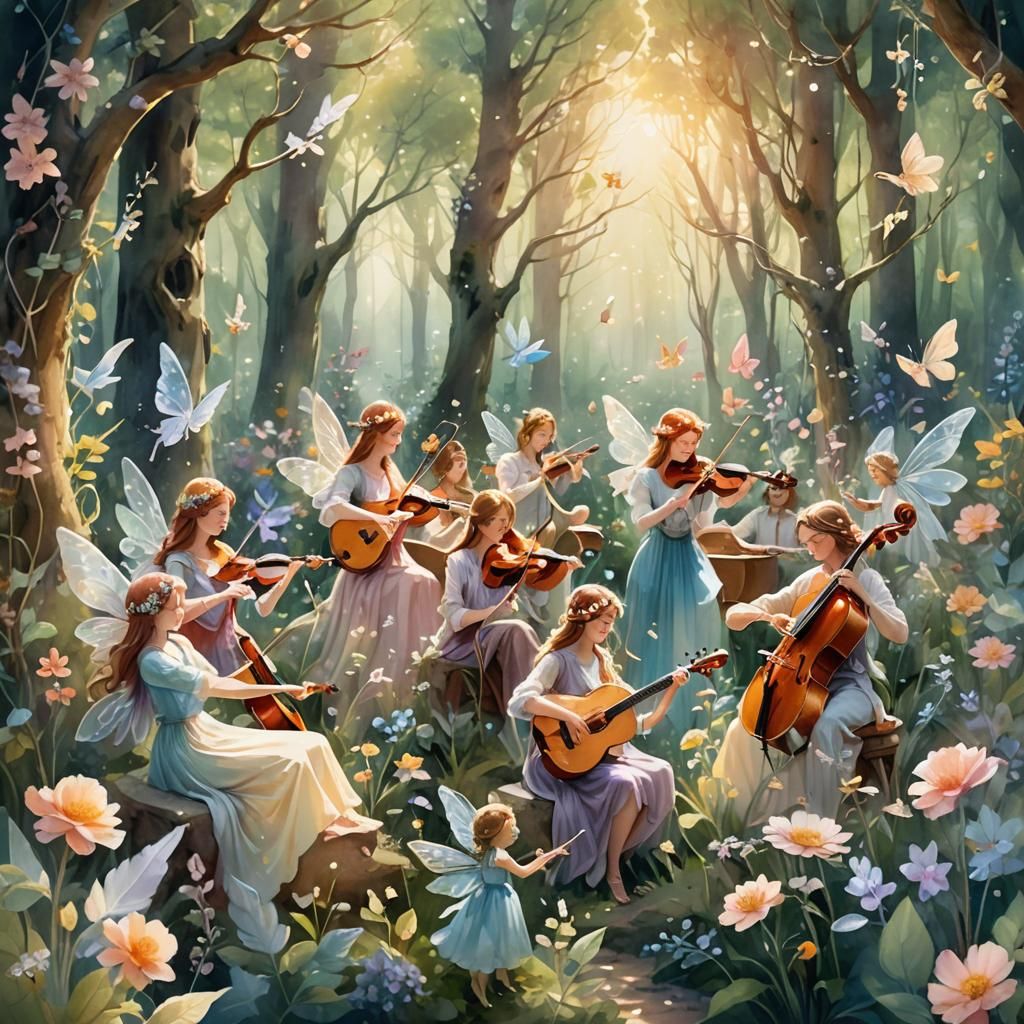 Fantasy Fairy Orchestra in Impressionistic Forest