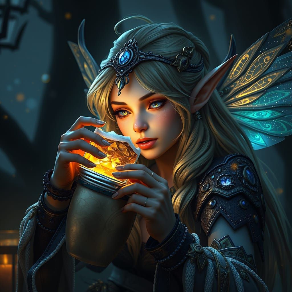 Tired Magical Elf Drinks Sleeping Potion in Dark Fantasy Sty...