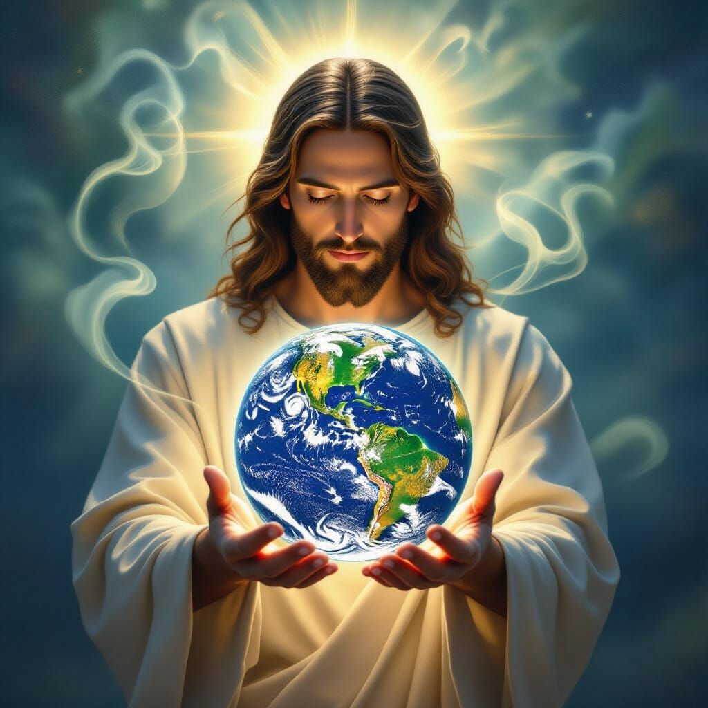 Jesus Christ Holding Earth in Divine Light, Hyperrealistic