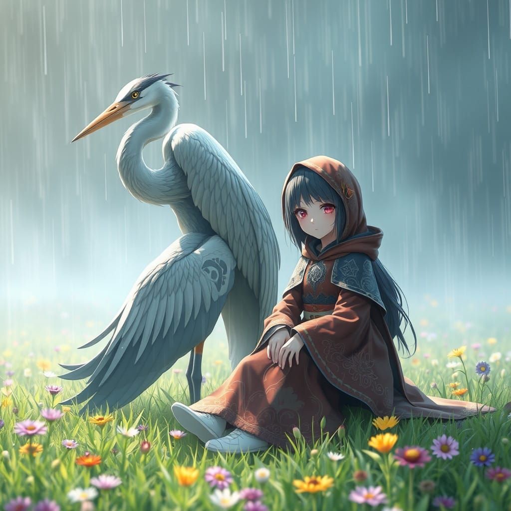 Anime-Style Heron Encounters in Lush Misty Meadow