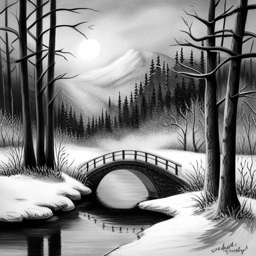 Snowy Bridge Charcoal Drawing Over Frosty River