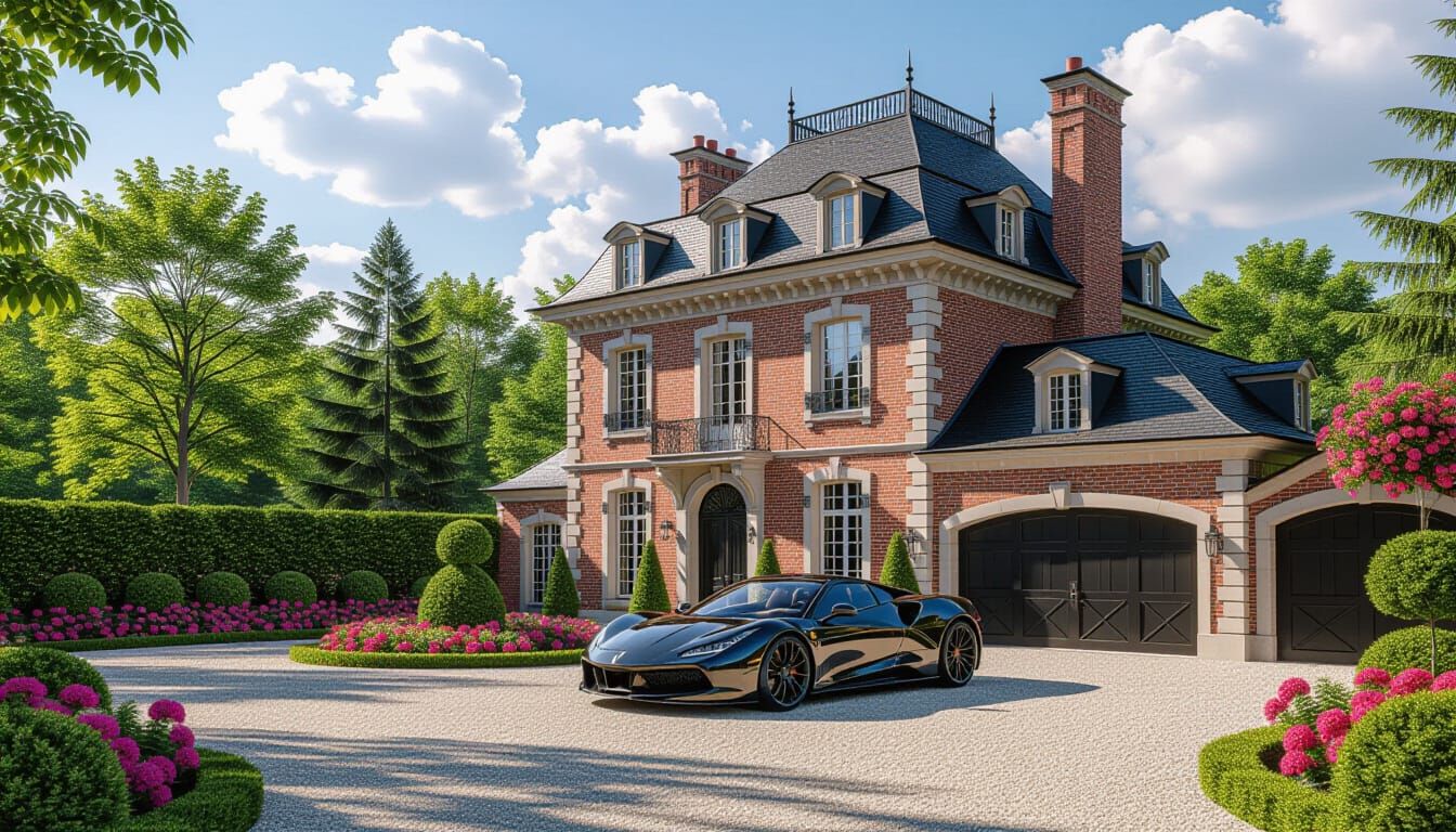Grand Brick Chateau with Sportscar and Vibrant Garden