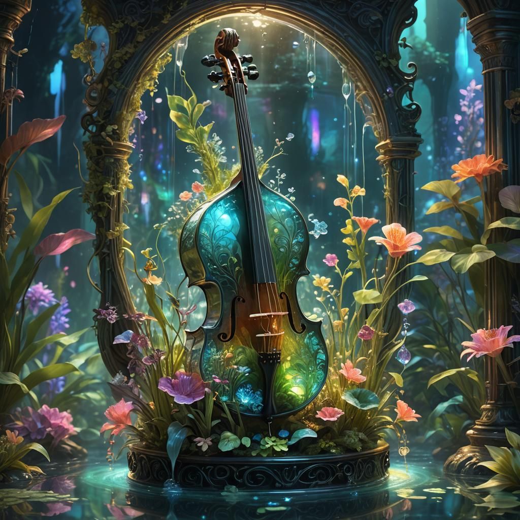 Glass Water Cello in Dreamlike Aquatic Setting