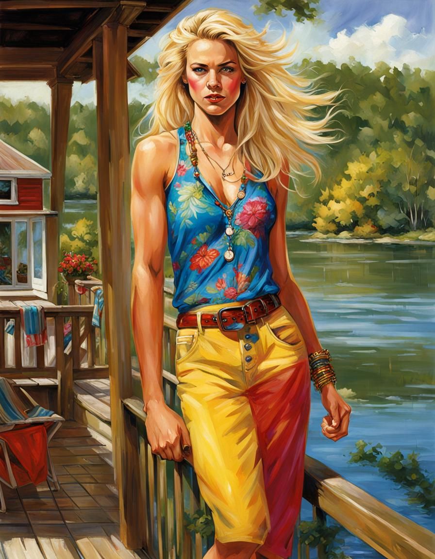 Exotic Woman on Lakeside Patio in Comic Book Style