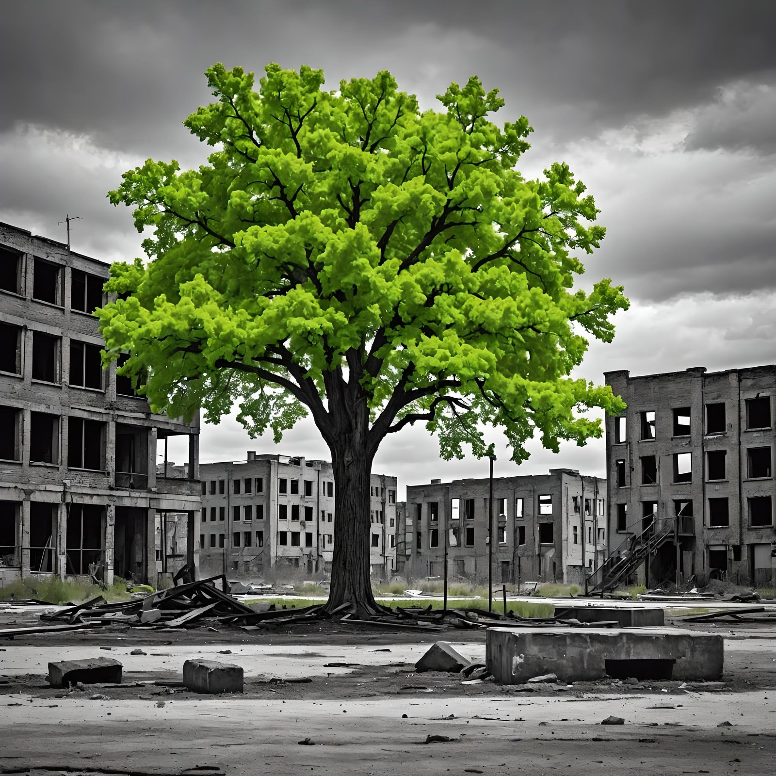 Green Oak Tree Emerges from Post-Apocalyptic Ruins