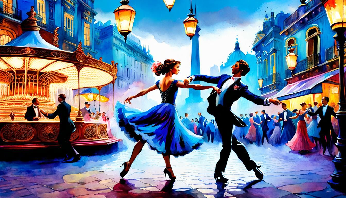 Argentine Tango Dancers in Buenos Aires: Watercolor Art