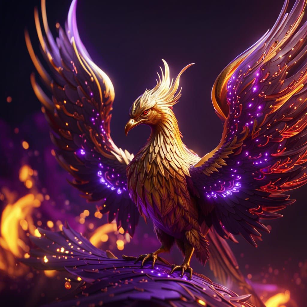 Golden Phoenix in Purple Flames: 3D Game Art