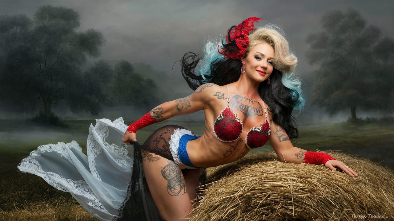 Ethereal Woman in Lace Leaning on Haybale