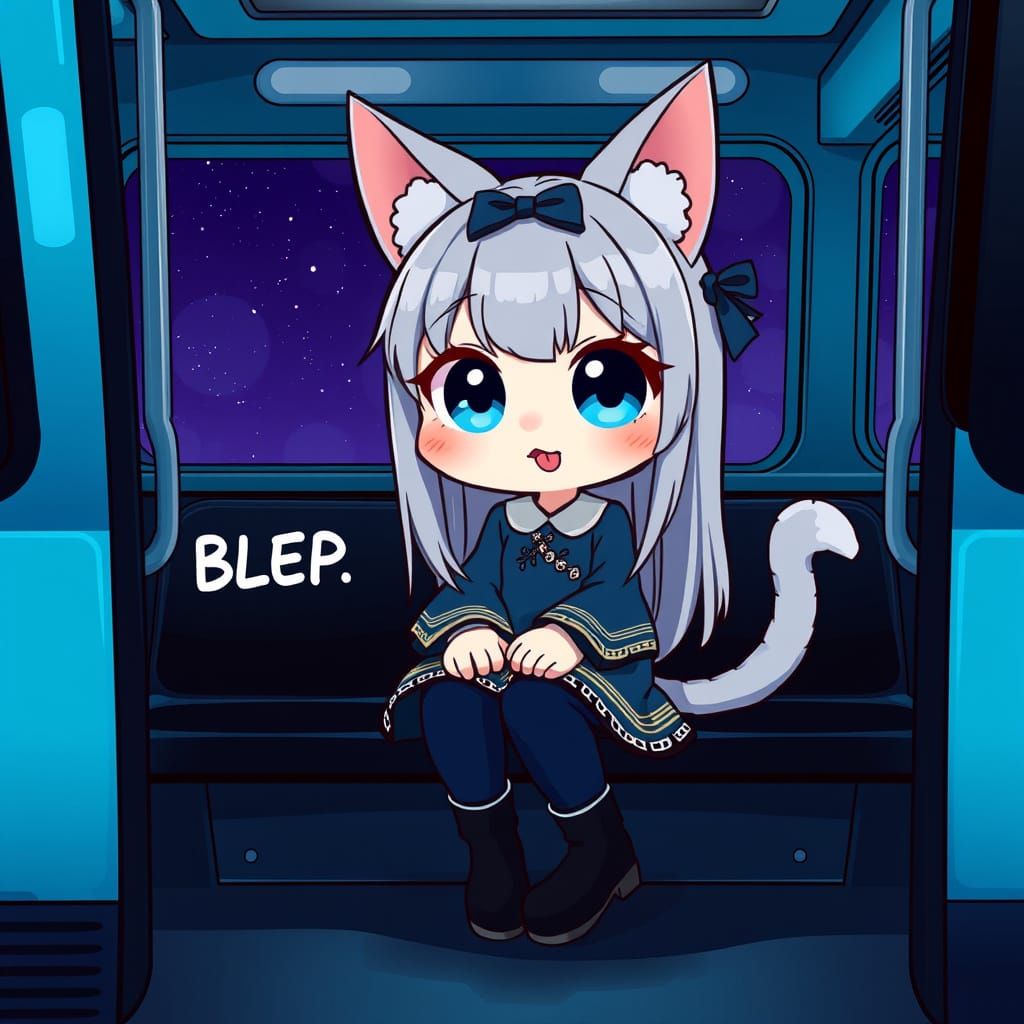 Cute Anime Catgirl Rides Bus Under Starry Night Sky