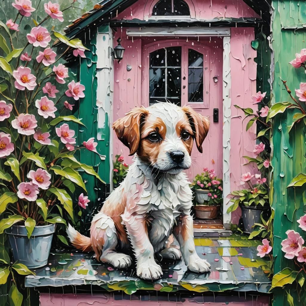 Puppy in Cherry Field: Impasto Expressionist Painting
