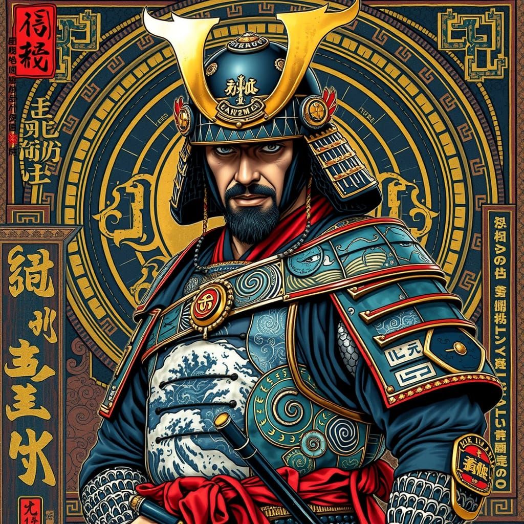 Samurai Warrior with Kintsugi and Zentangle Details