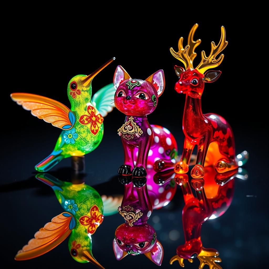 Glass Figurines: Hummingbird, Cat, Deer, in Enamel Style