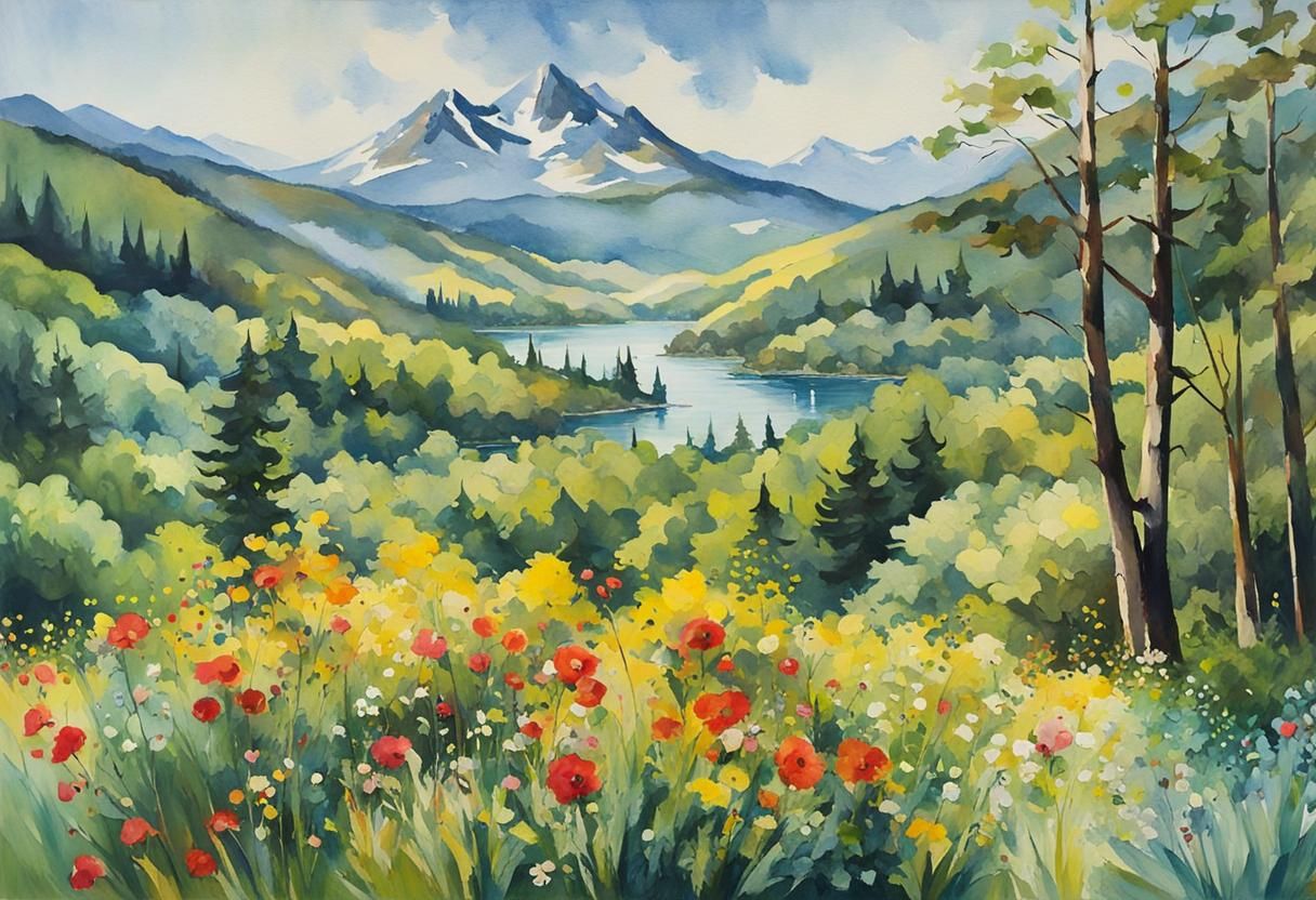 Mountain Lake Forest: Impressionist Gouache Masterpiece
