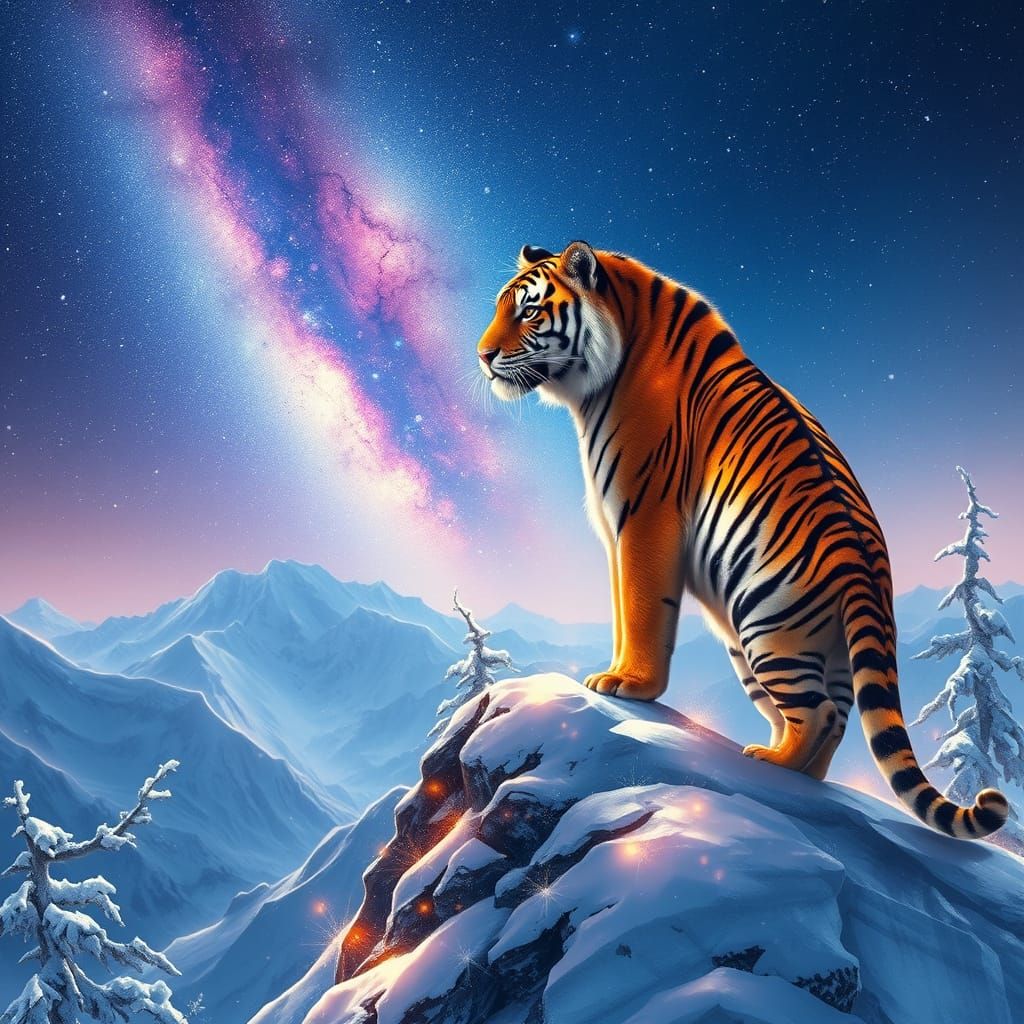Luminous Tiger on Snowy Peak, Digital Art