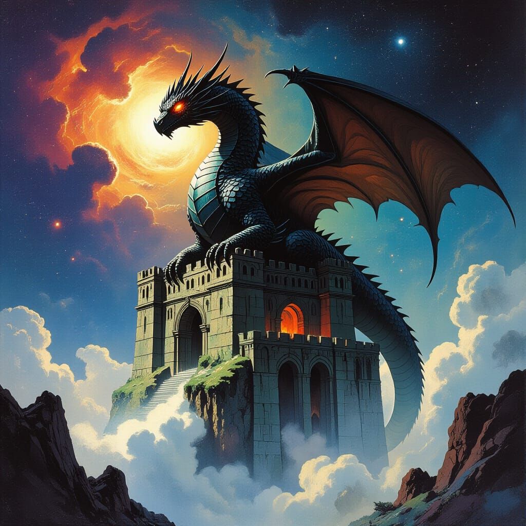 Ancient Obsidian Dragon on Floating Citadel in Nebula