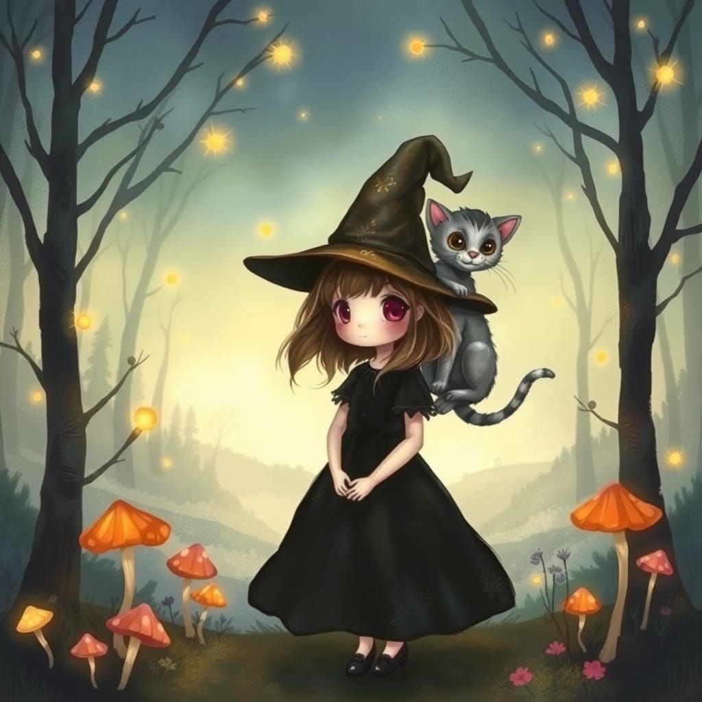 Enchanting Twilight Witch and Kitten in Whimsical Watercolor...