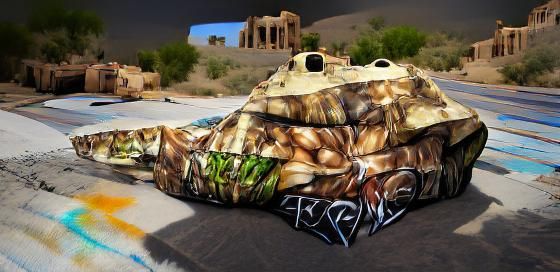 Hyperrealistic Desert Camo Tank with Graffiti
